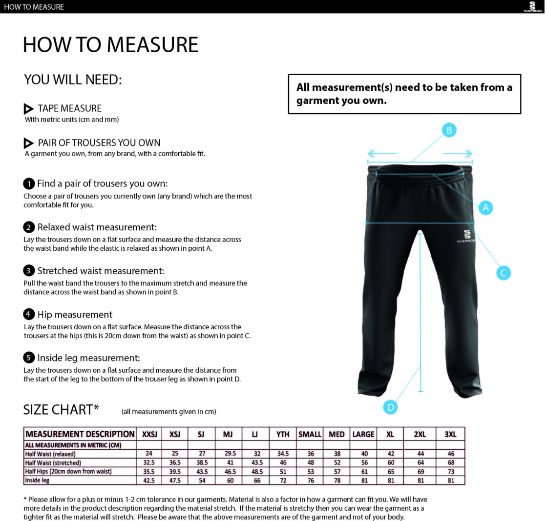 Puddletown CC - Dual Poplin Track Pant with Lycra - Size Guide