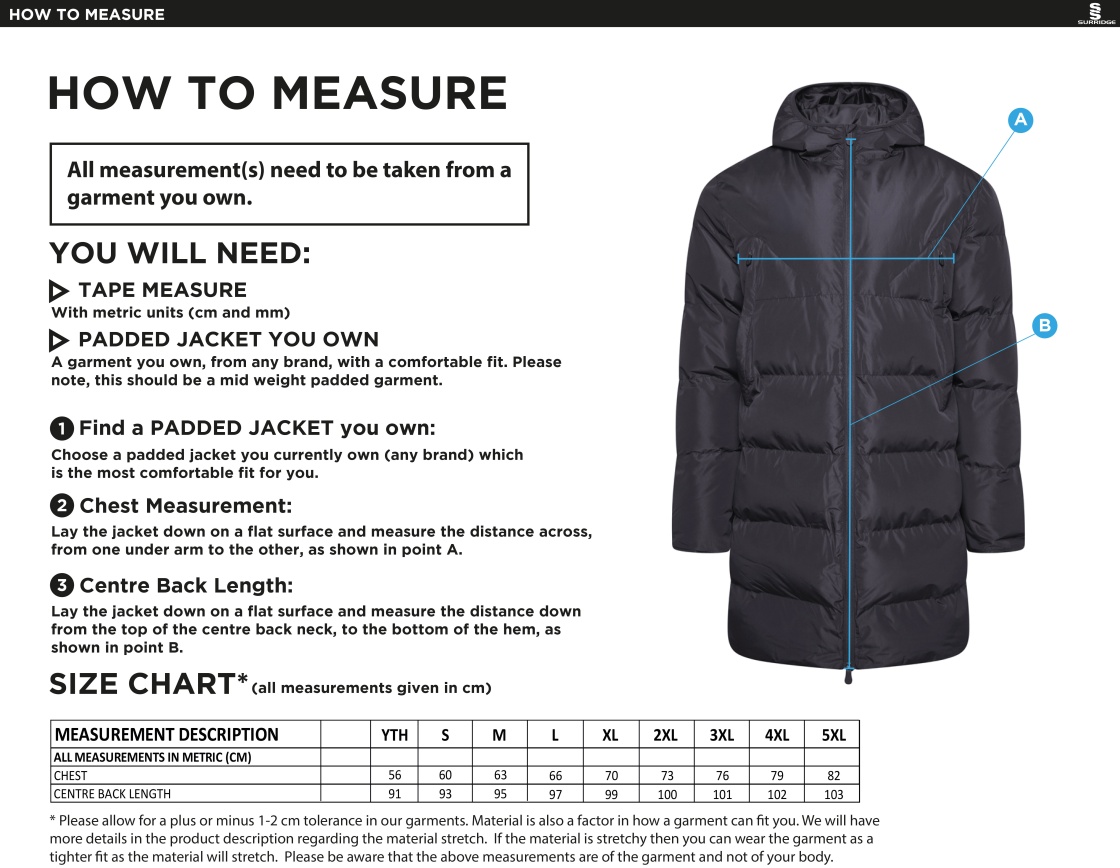 Puddletown CC - Active Long Padded Jacket - Size Guide