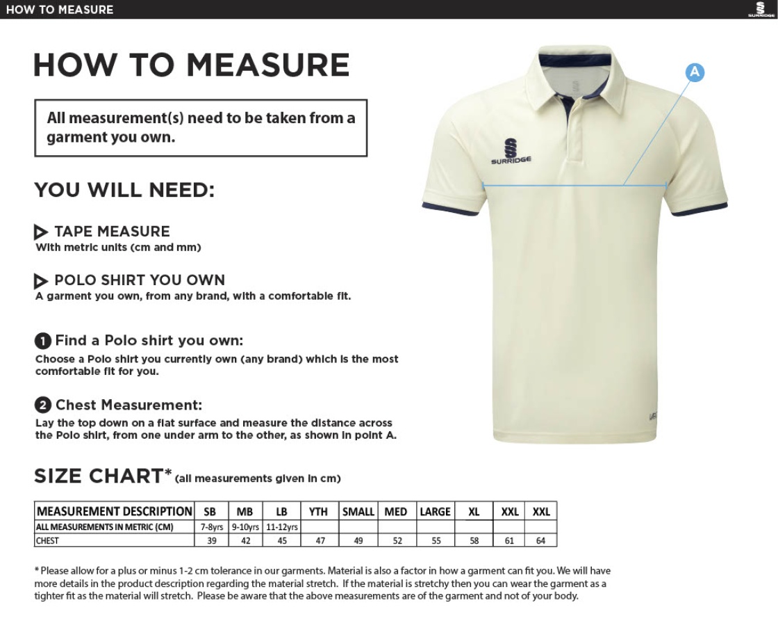 Puddletown CC - Dual Cricket Shirt Short Sleeve - Size Guide