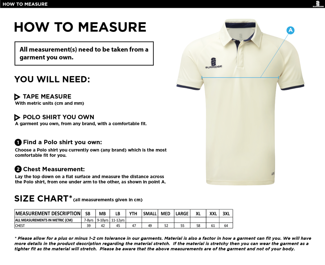 Puddletown CC - Ergo Cricket Shirt - Short Sleeve - Size Guide