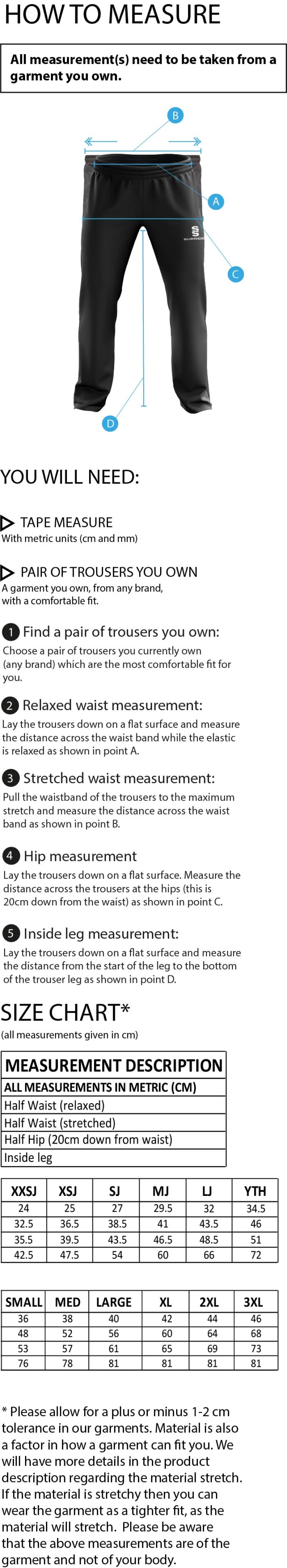 Puddletown CC - Dual Poplin Track Pant with Lycra - Size Guide