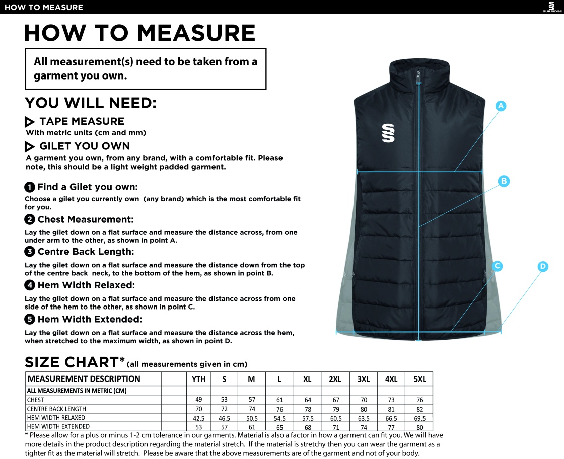 Puddletown CC - Active Gilet - Size Guide
