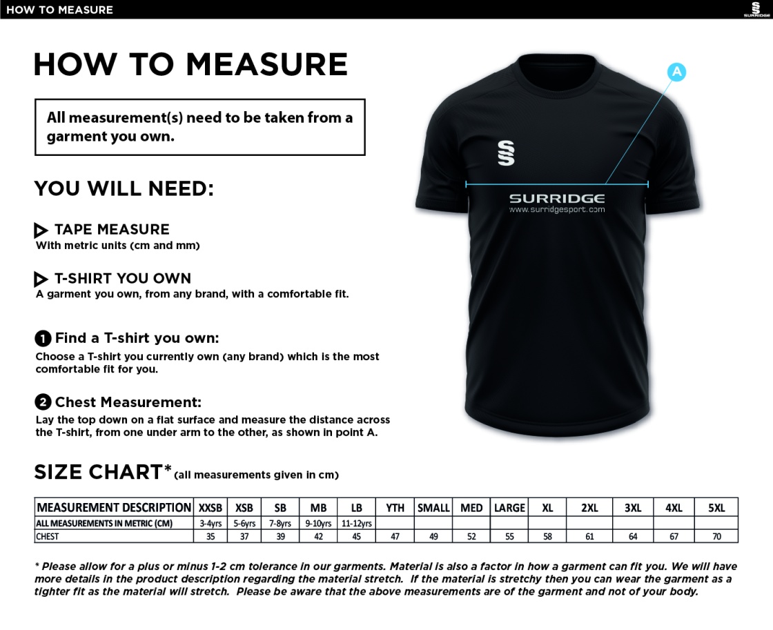 Puddletown CC - Pro Training Vest - Size Guide