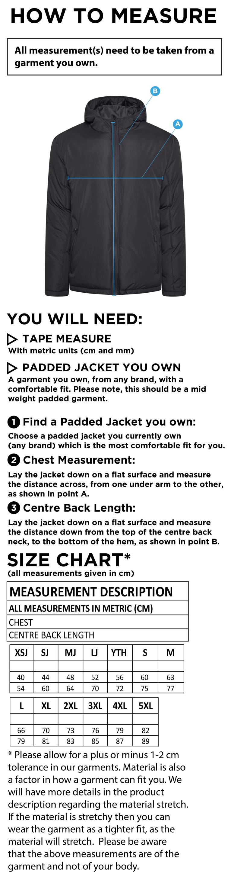 Puddletown CC - Active Padded Jacket - Size Guide