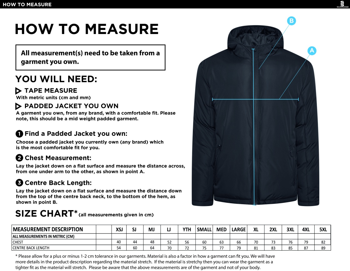 Puddletown CC - Active Padded Jacket - Size Guide
