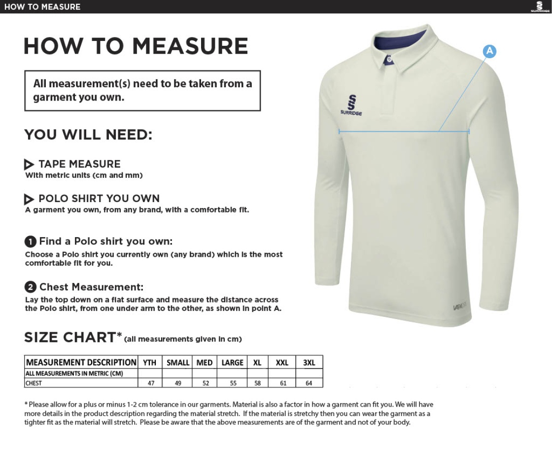 Puddletown CC - Ergo Long Sleeve Cricket Shirt - Size Guide
