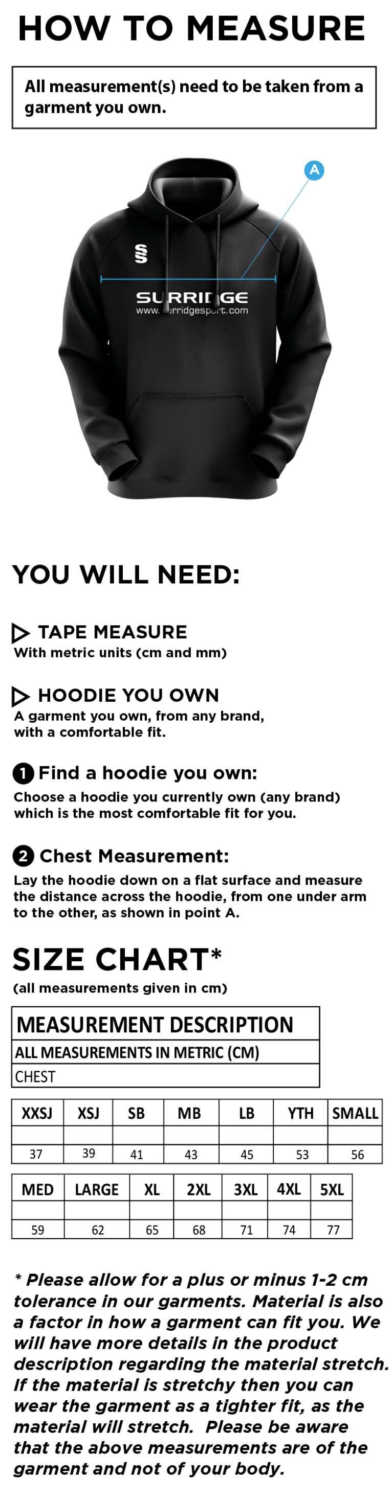 Puddletown CC - Fuse Hoody - Size Guide