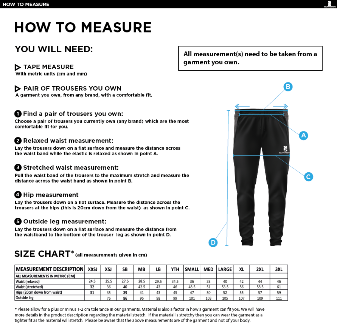 Puddletown CC - Tek Slim Training Pants - Size Guide