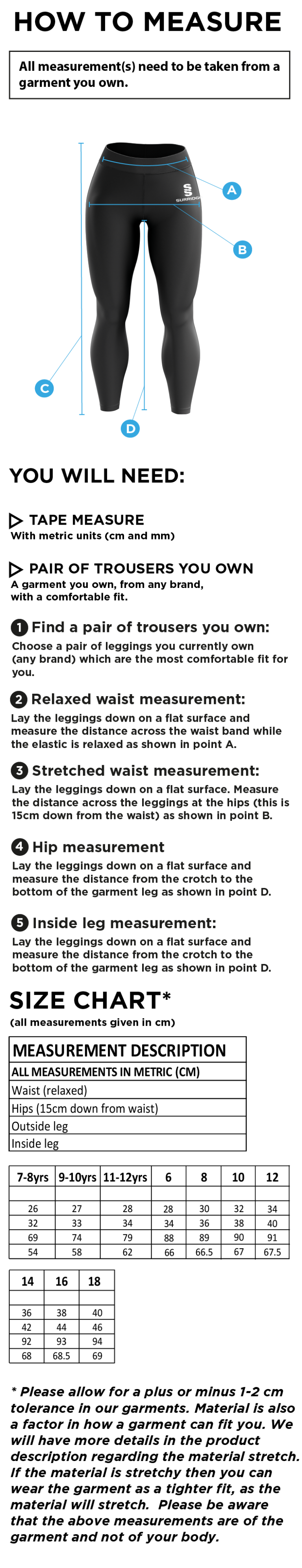 Puddletown CC - Performance Full Length Leggings - Size Guide