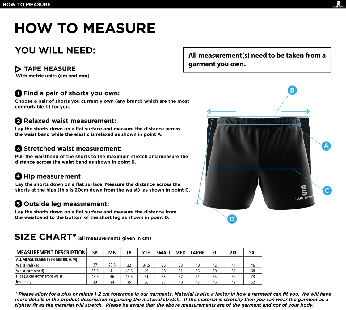 Puddletown CC - Performance Gym Short - Size Guide