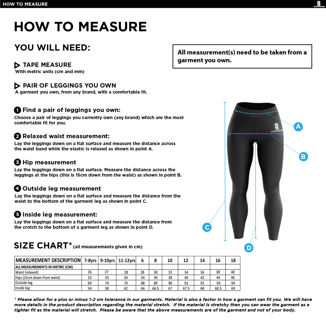 Puddletown CC - Performance Full Length Leggings - Size Guide